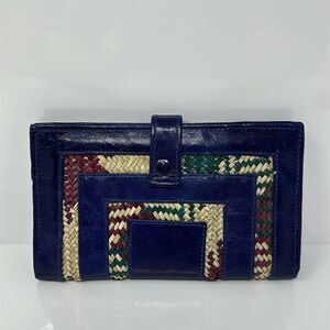 Unique Wallet Purse Woven Straw and Blue Leather